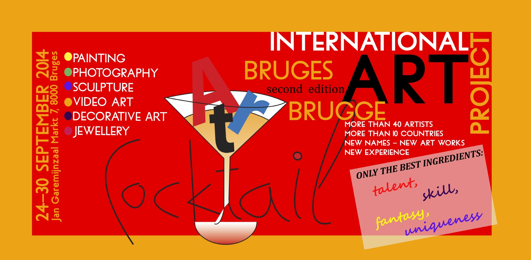 Invitation. D.E.V.E. Art Cocktail Brugge. Talent, skill, fantasy, uniqueness. 2014-09-24